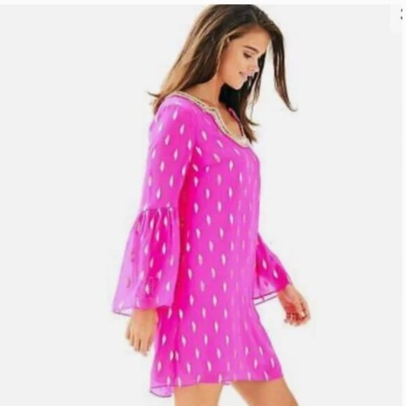 NWOT Lilly Pulitzer Amory Silk Dress in Raz Berry Diamond Metallic Clip - Picture 2 of 10